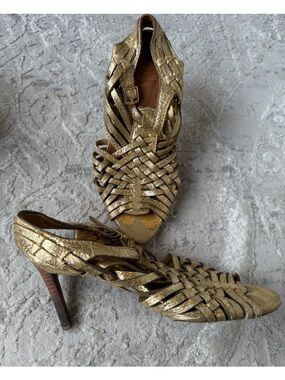 Tory Burch Metallic Gold Woven Leather Heeled Sandals 7M
